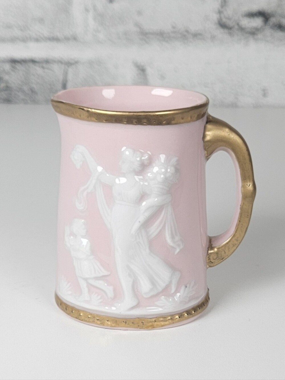Vintage Japan Pink Creamer Pitcher White Cameo Relief Gold Trim